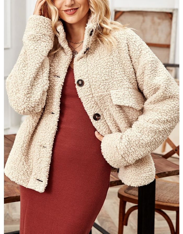 Winter New Long Sleeve korean Loose Single Breasted Faux Lamb Wool Warm Short Coat