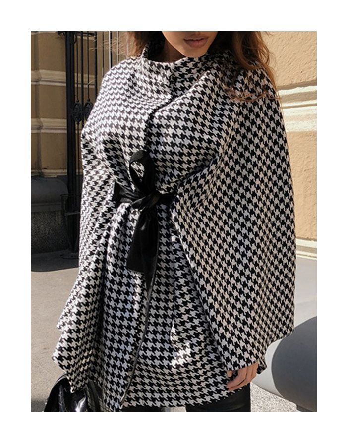 Fall Winter New Women Houndstooth Woolen Coat Half High-neck Belted Loose Cloak Tops
