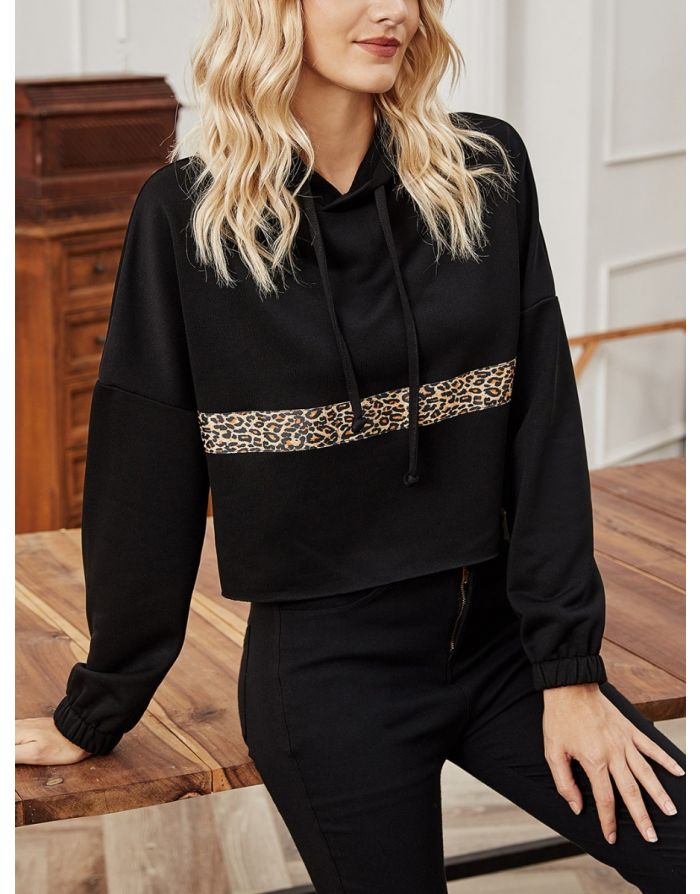 Women Fashion Fall New Leopard Print Stitching Hoodies Long Sleeve Short Black T-shirt Tops